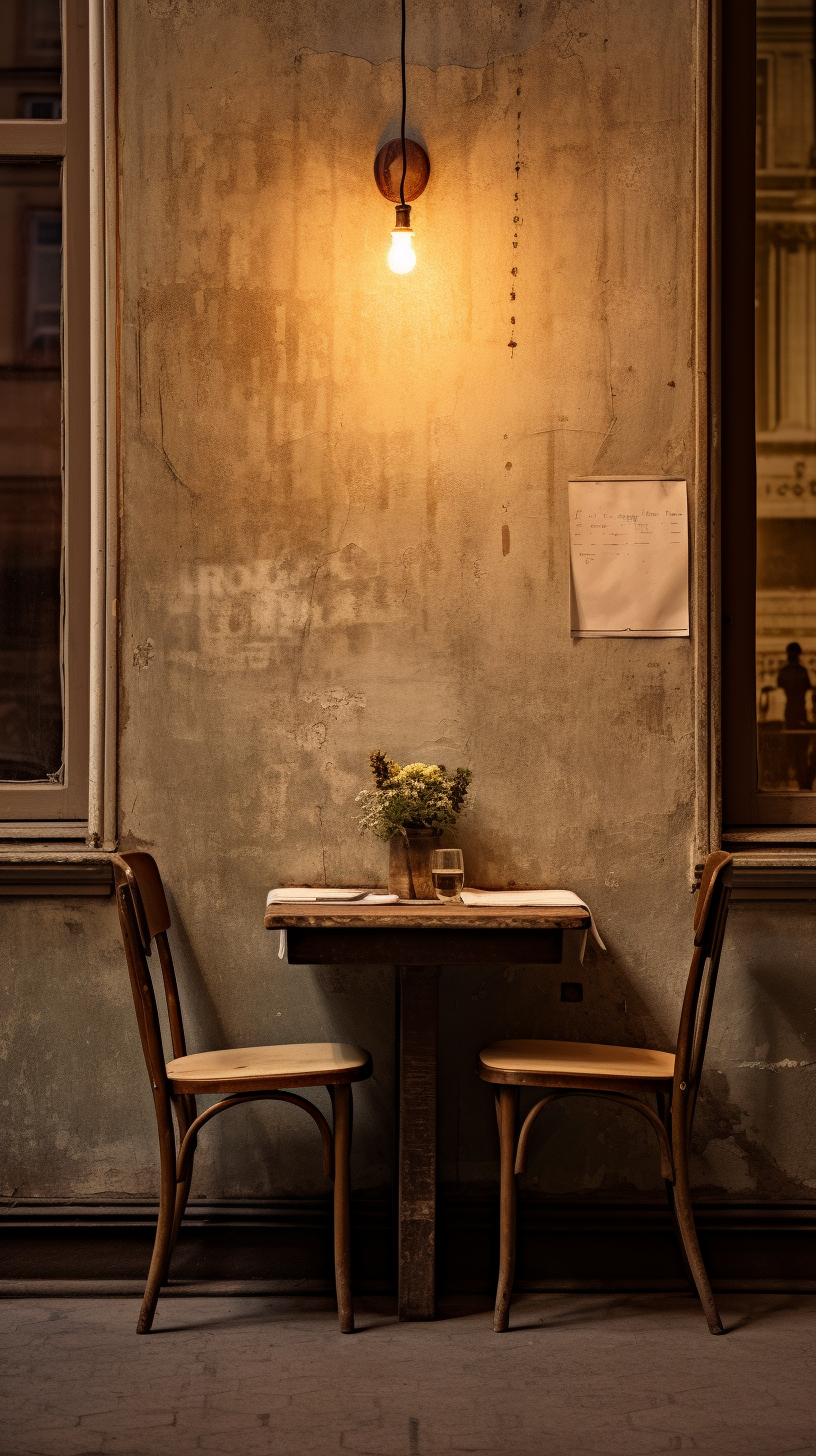 AI generated: Midjourney prompt: A photo of an old restaurant table with two chairs... (Midjourney - Interior Design)