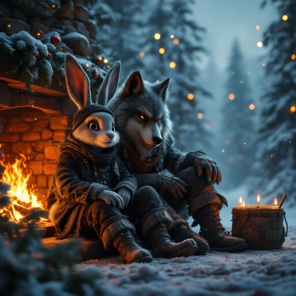 FLUX prompt: bunny and huge wolf in rocker clothes are si...