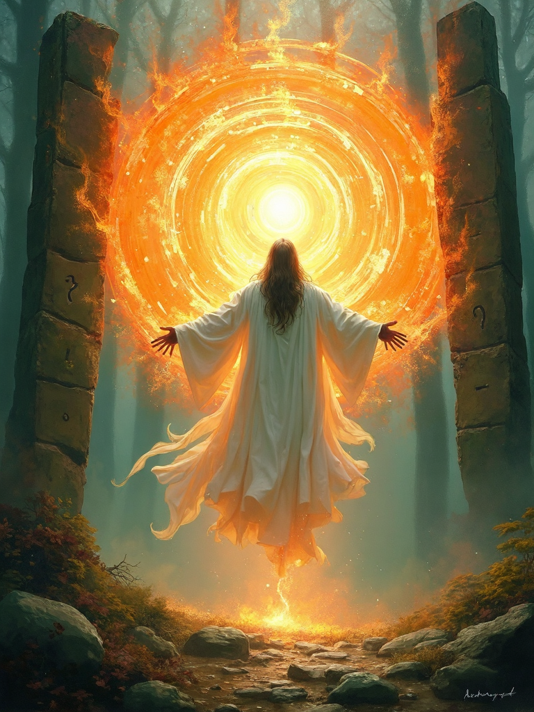 صورة مولدة بالذكاء الاصطناعي: FLUX prompt: An abstract, surreal painting of a hovering druid ... (نموذج FLUX - Character Design)
