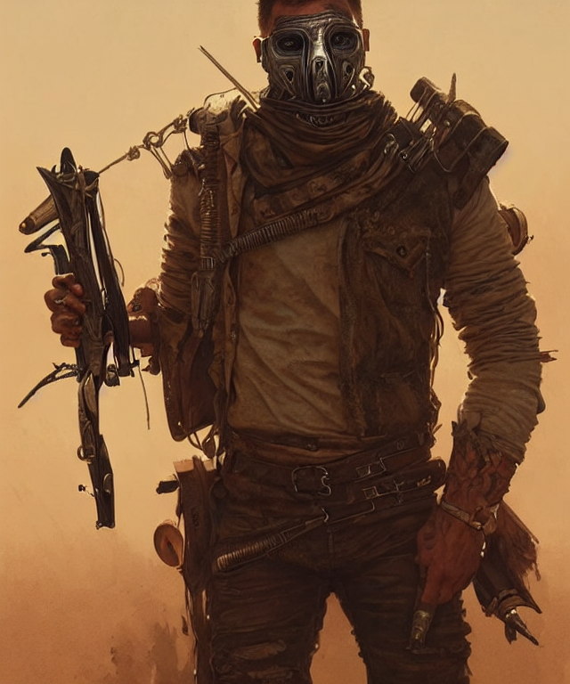 Stable Diffusion prompt: a man dressed in mad max clothin...