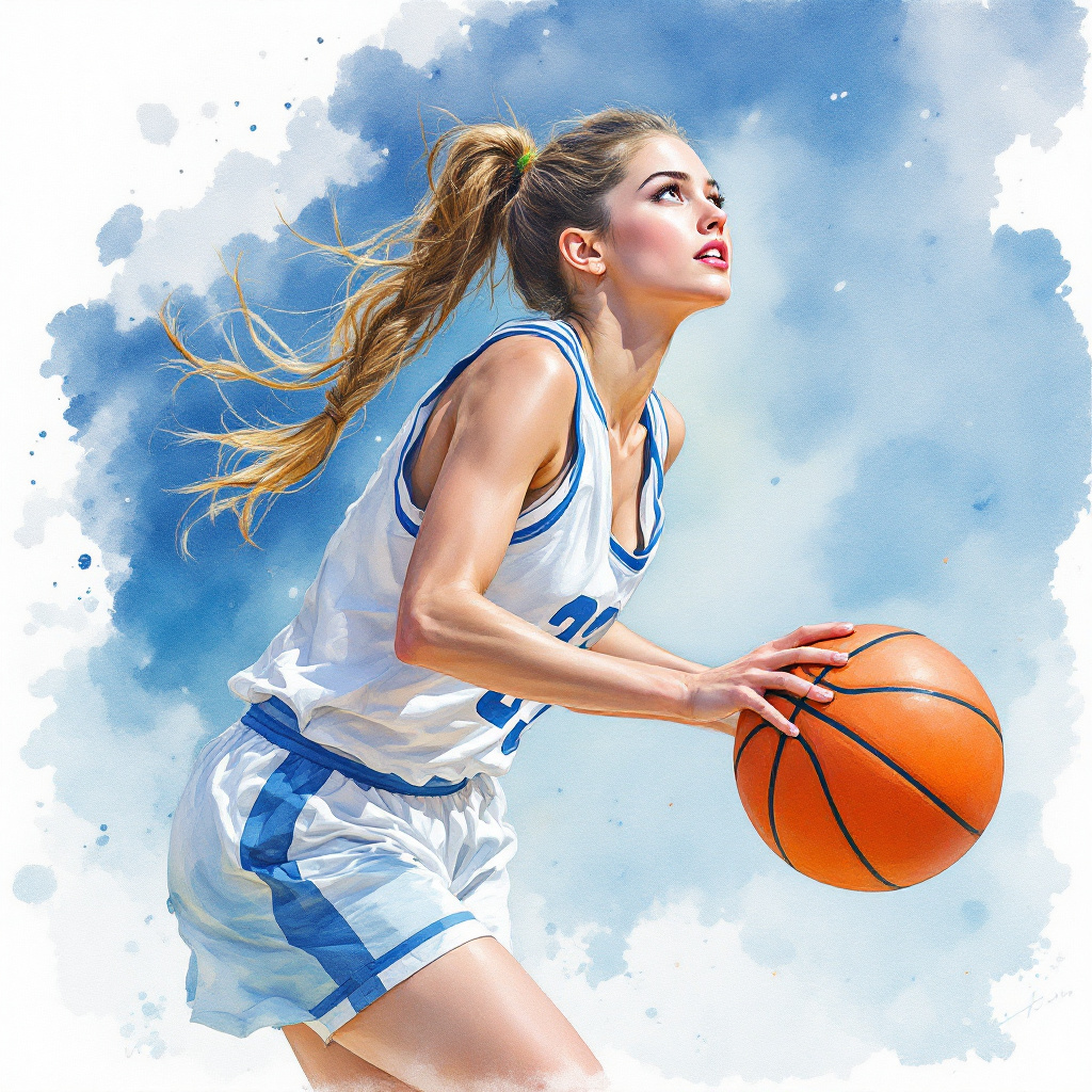 AI generated: FLUX prompt: Watercolor painting of a beautiful girl playing ba (FLUX - Portraits)