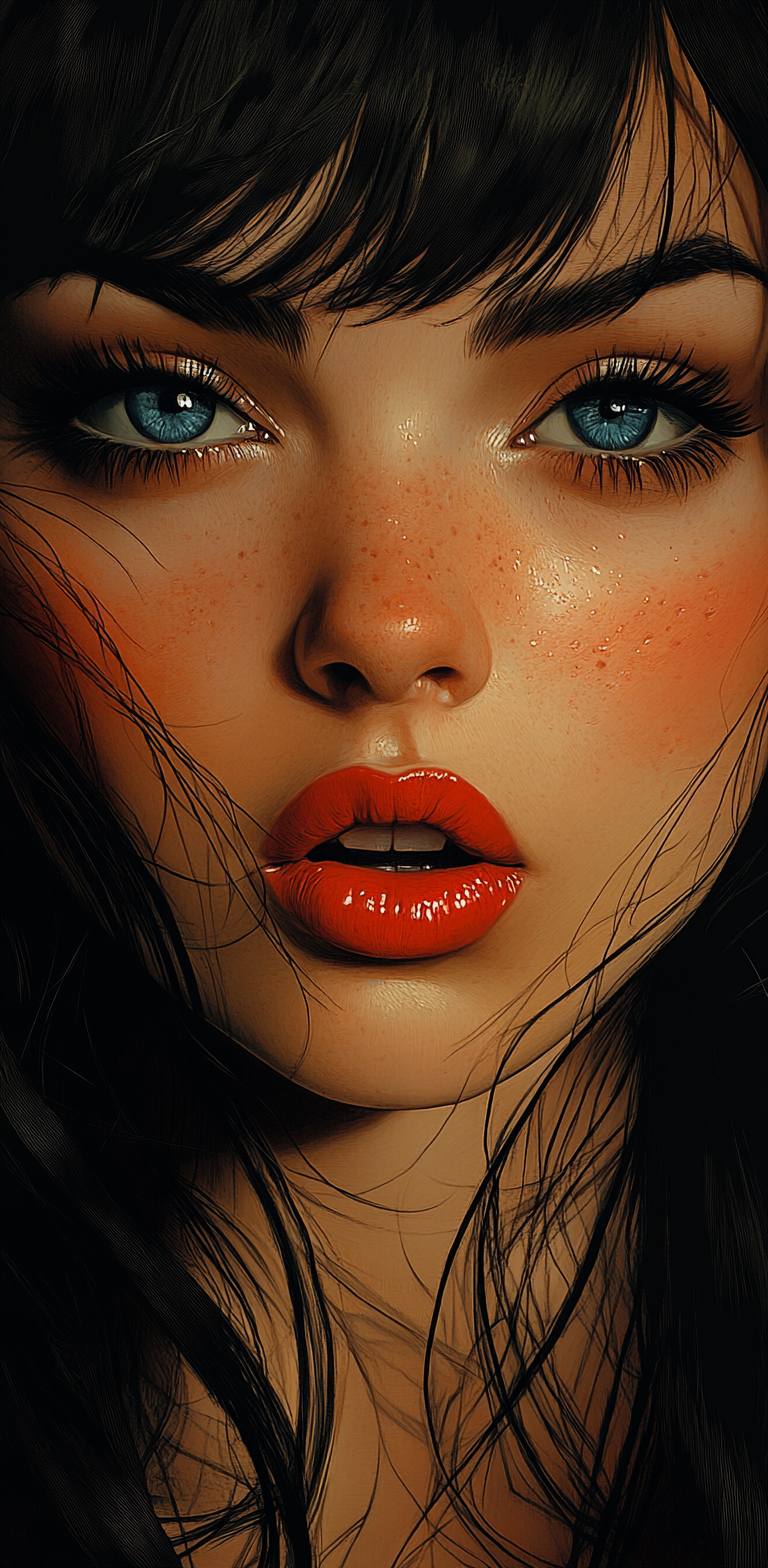 Midjourney prompt: girl with black hair and blue eyes, in the style o... - Midjourney