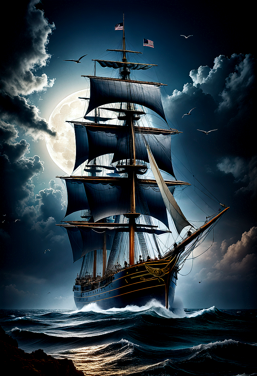 صورة مولدة بالذكاء الاصطناعي: Stable Diffusion prompt: The image features a large sailing ship with a moo... (نموذج Stable Diffusion - تصوير فوتوغرافي)