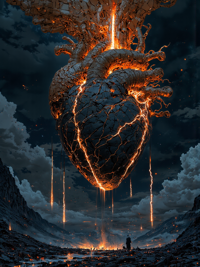 AI generated: FLUX prompt: A colossal, anatomically correct human heart, ... (FLUX - Character Design)