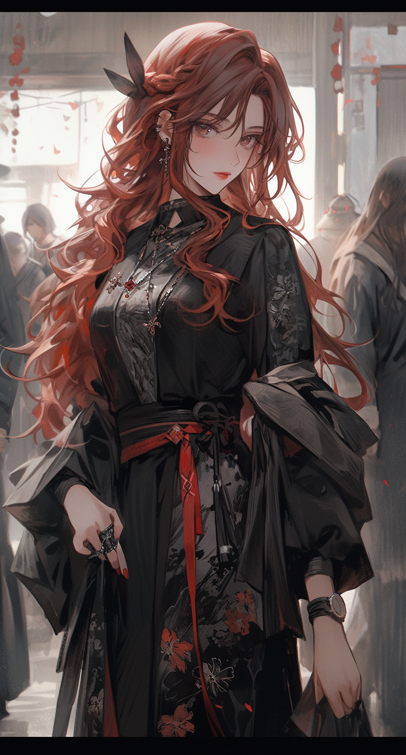 AI generated: Midjourney prompt: an oriental woman in a black kimono showing some r... (Midjourney - Anime)