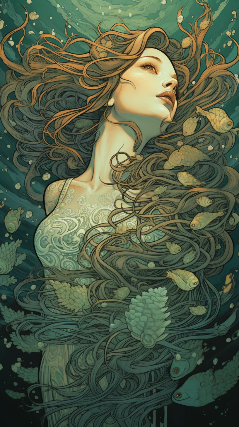 AI generated: Midjourney prompt: Low angle of a graceful mermaid emerging from the ... (Midjourney - Portraits)