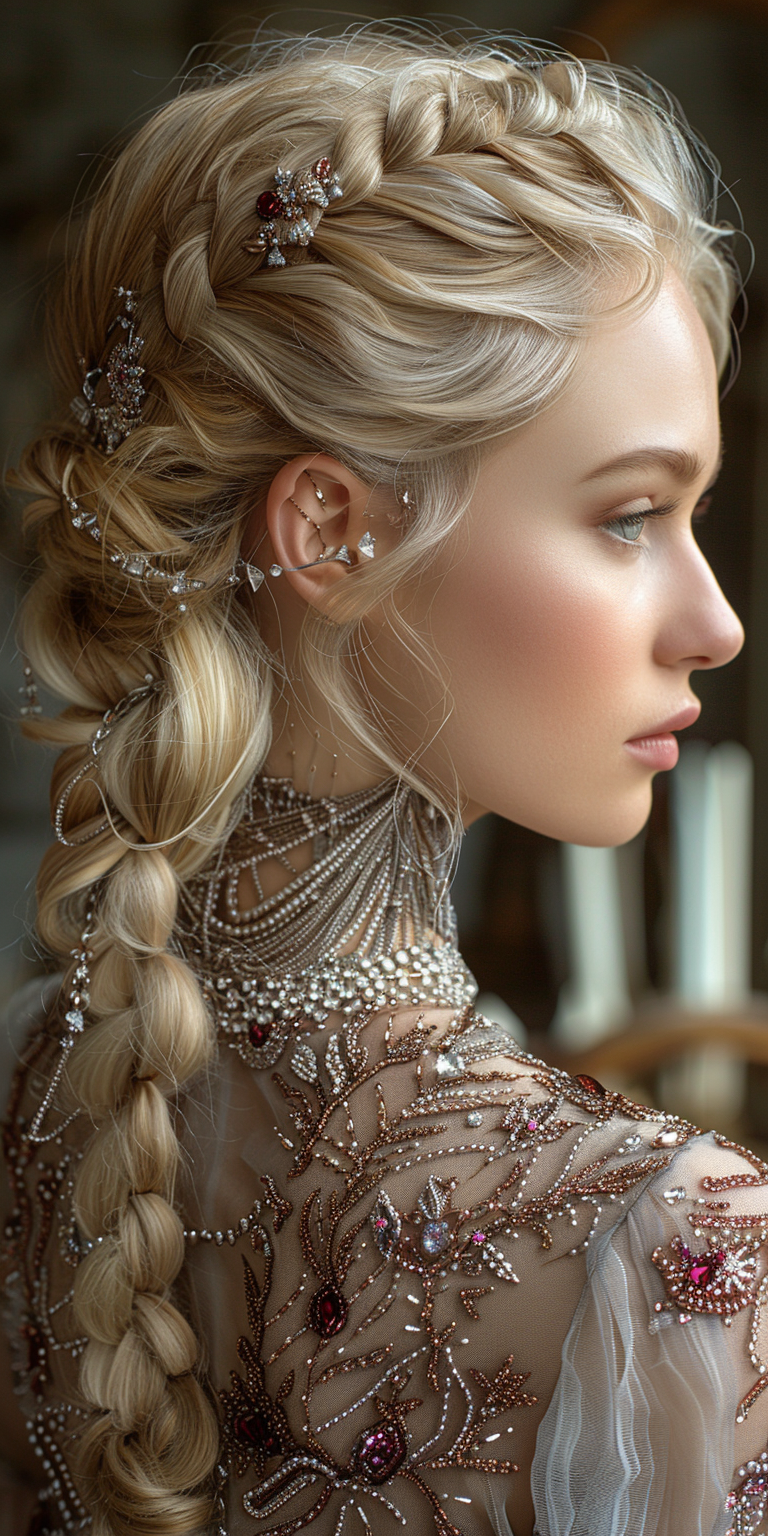 AI generated: Midjourney prompt: A beautiful blonde woman with braided hair adorned... (Midjourney - Photography)