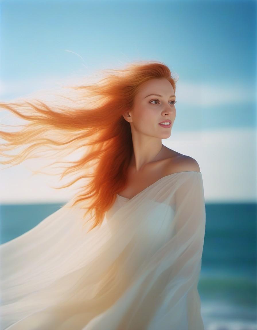 AI generated: Midjourney prompt: a woman with red hair blowing a white veil over th... (Midjourney - Portraits)