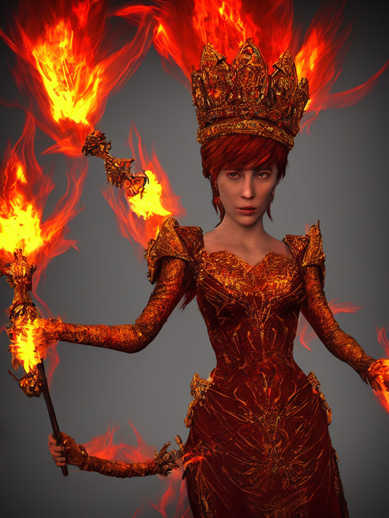 Stable Diffusion prompt: queen of fire character, crown m...