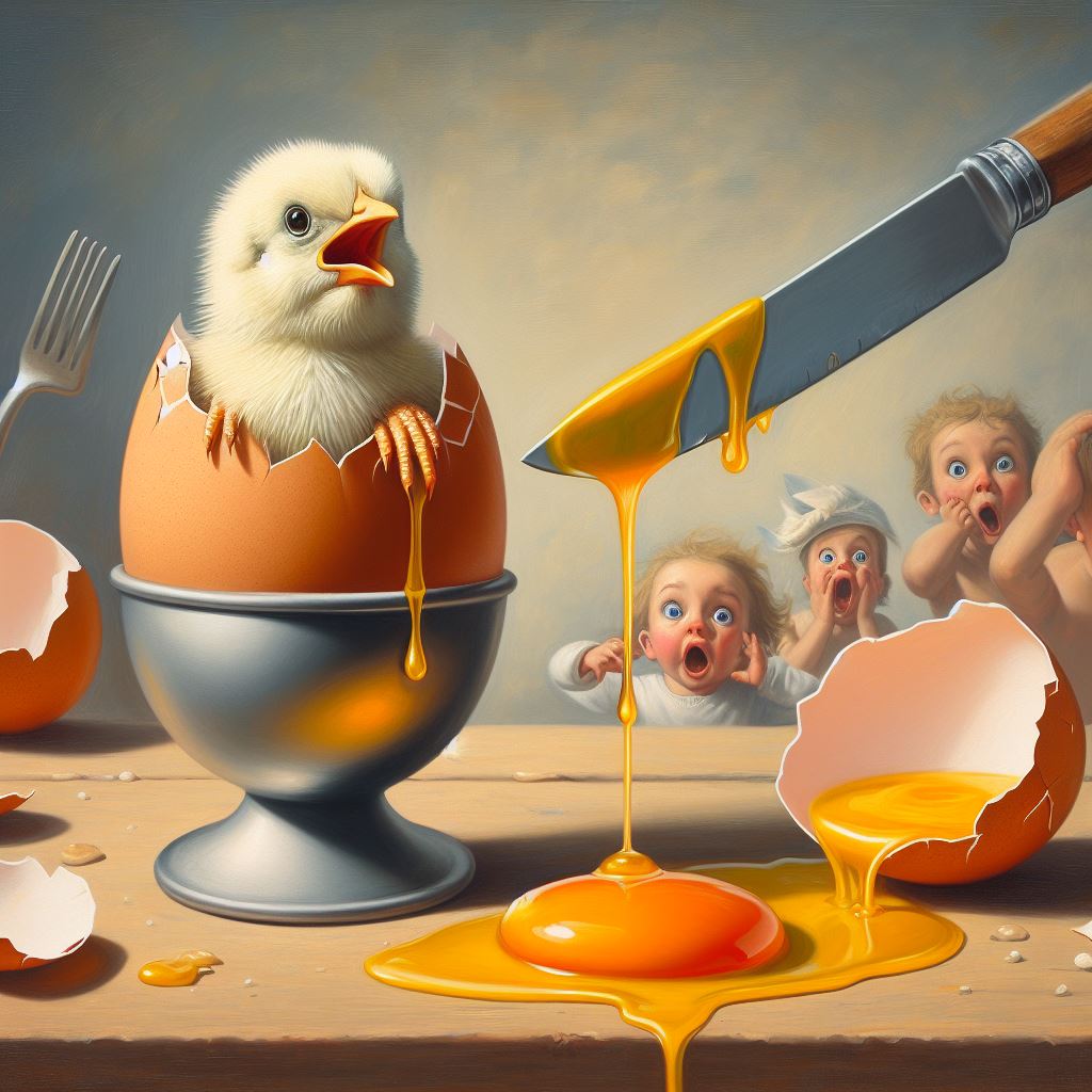 صورة مولدة بالذكاء الاصطناعي: DALL·E prompt: A chicken chick climbs out of an opened softboiled... (نموذج DALL·E - Logo Icon Design)
