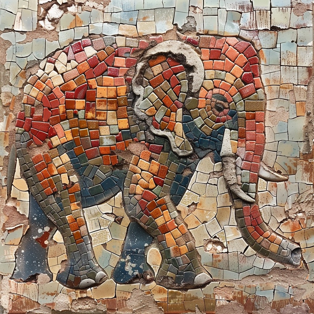 صورة مولدة بالذكاء الاصطناعي: Midjourney prompt: elephant in clay mosaic style on old wall (نموذج Midjourney - تصوير فوتوغرافي)
