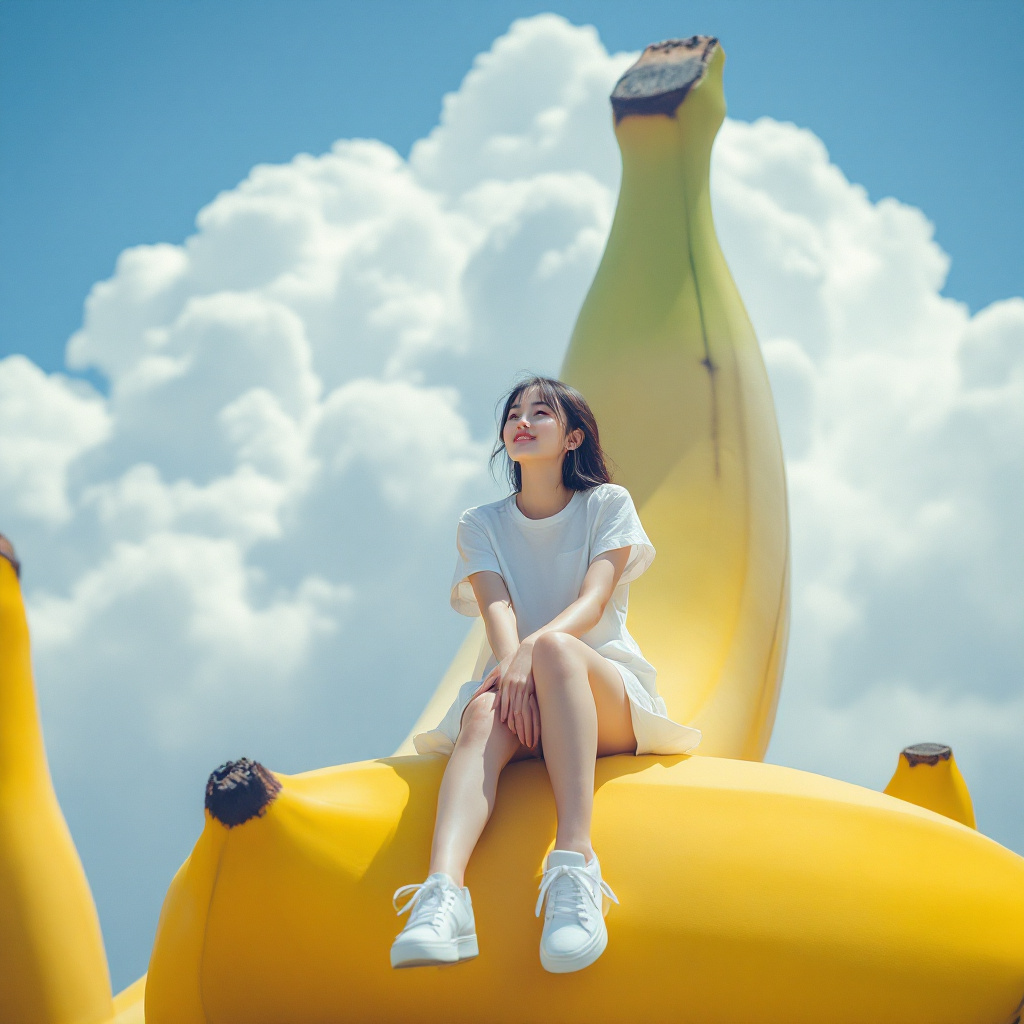 صورة مولدة بالذكاء الاصطناعي: FLUX prompt: A photo of hong kong girl sitting on top of the wo... (نموذج FLUX - صور شخصية)