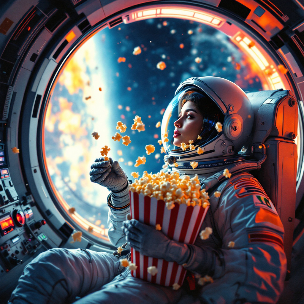 AI generated: FLUX prompt: female Astronaut eating popcorn in spaceship (FLUX - Concept Art)