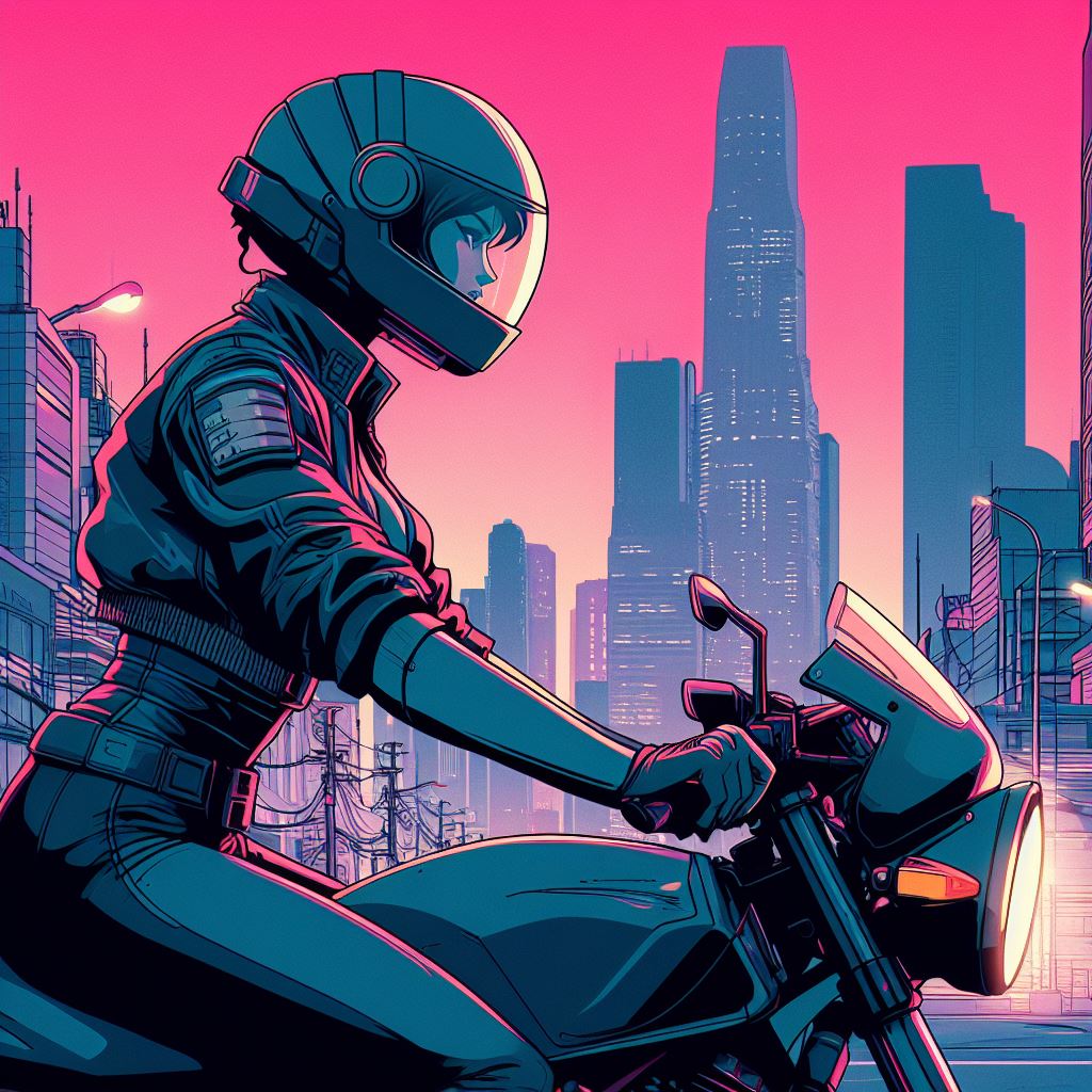 DALL·E prompt: a woman wearing helmet, riding motorcycle in the c... - DALL·E