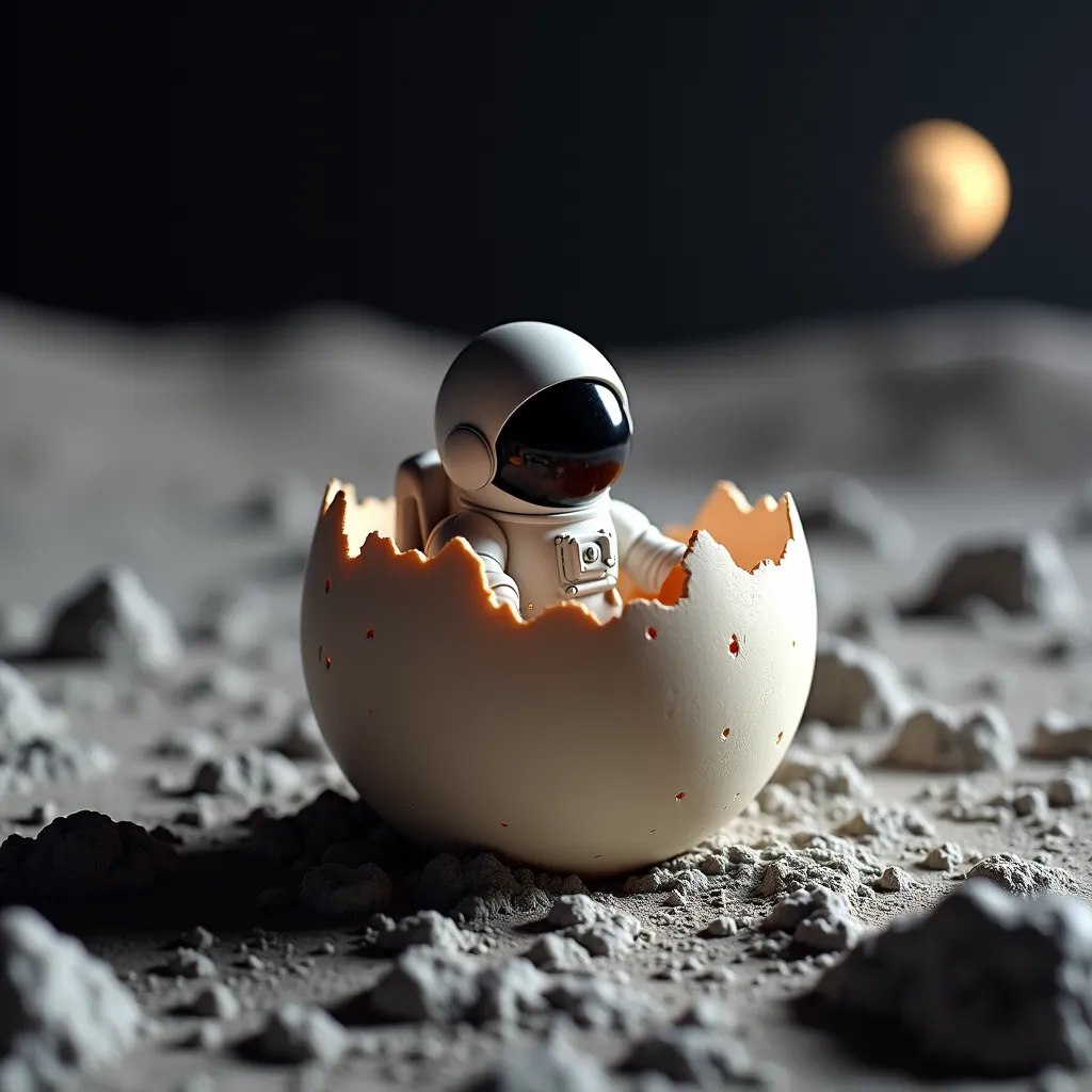 صورة مولدة بالذكاء الاصطناعي: FLUX prompt: a tiny astronaut hatching from an egg on the moon (نموذج FLUX - تصميم داخلي)