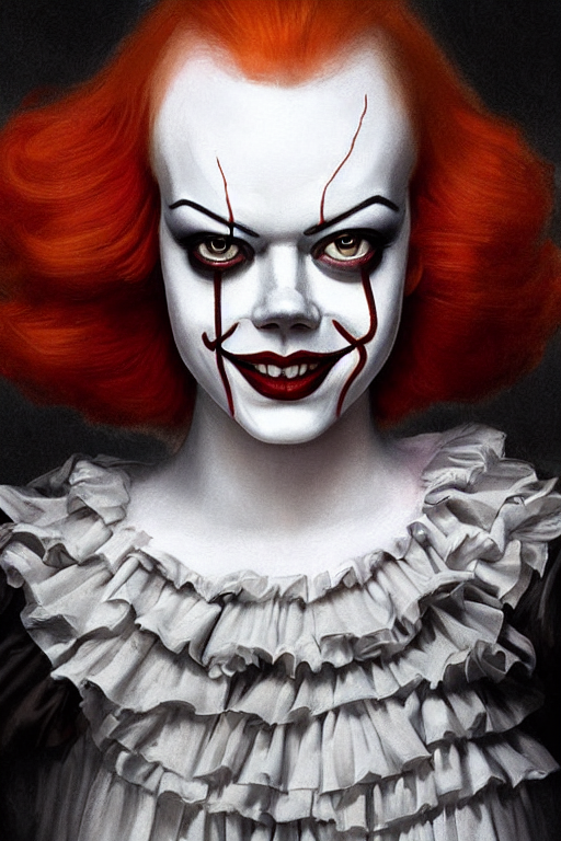 صورة مولدة بالذكاء الاصطناعي: Stable Diffusion prompt: A beautiful portrait of Emma Stone as Pennywise fr... (نموذج Stable Diffusion - Character Design)
