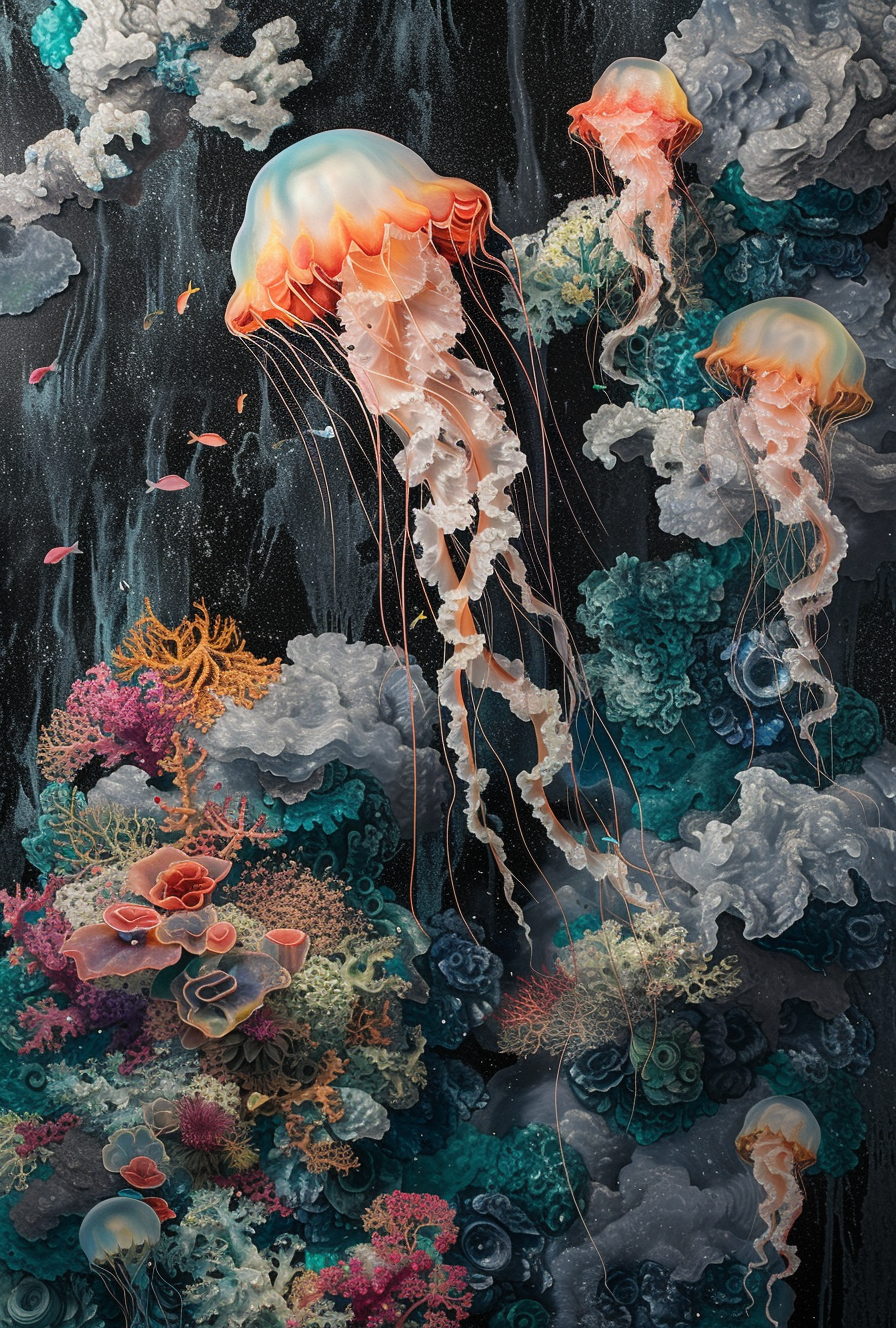Midjourney prompt: a 3d painting of jellyfish with colorful fish and ... - Midjourney