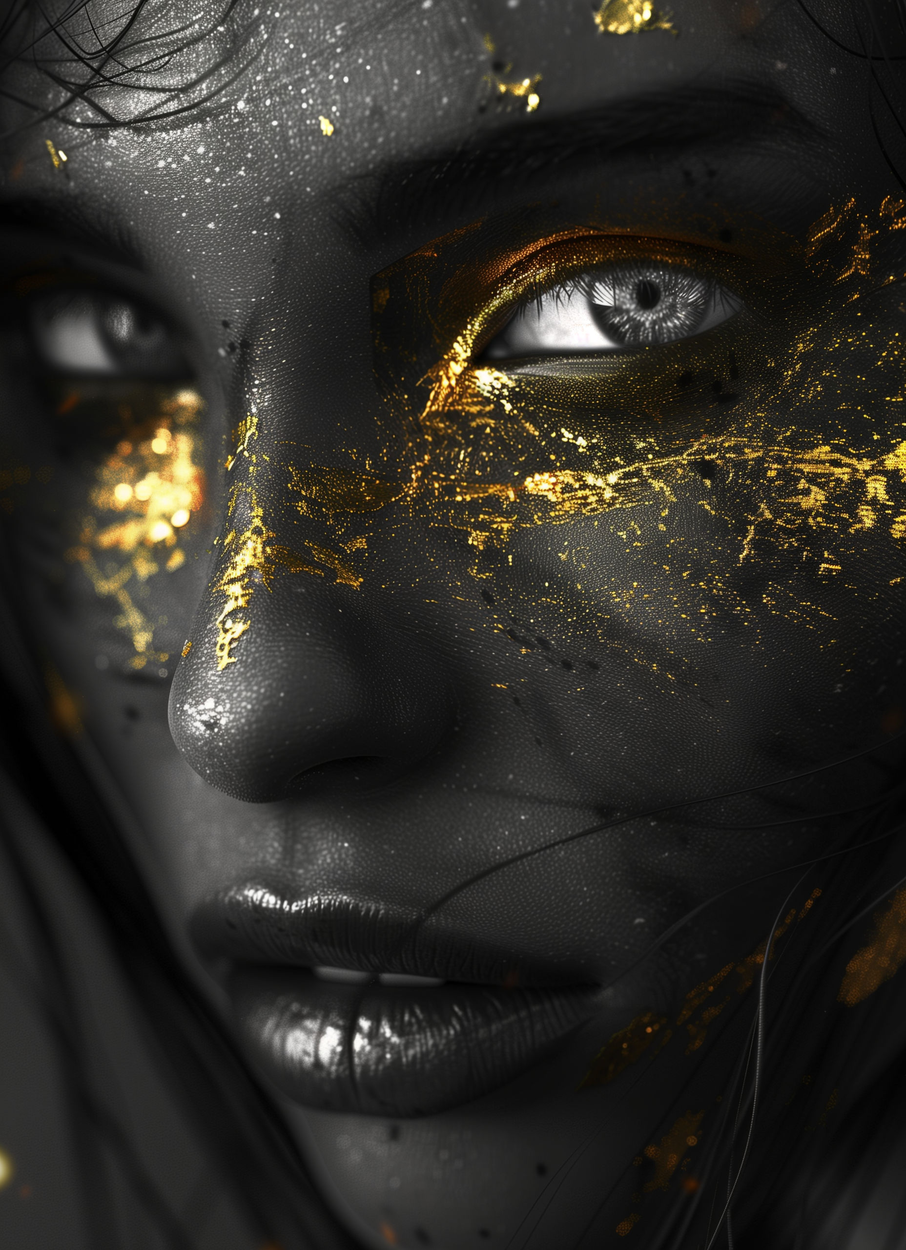 AI generated: Midjourney prompt: a dark looking girl with gold makeup on her face, ... (Midjourney - Photography)