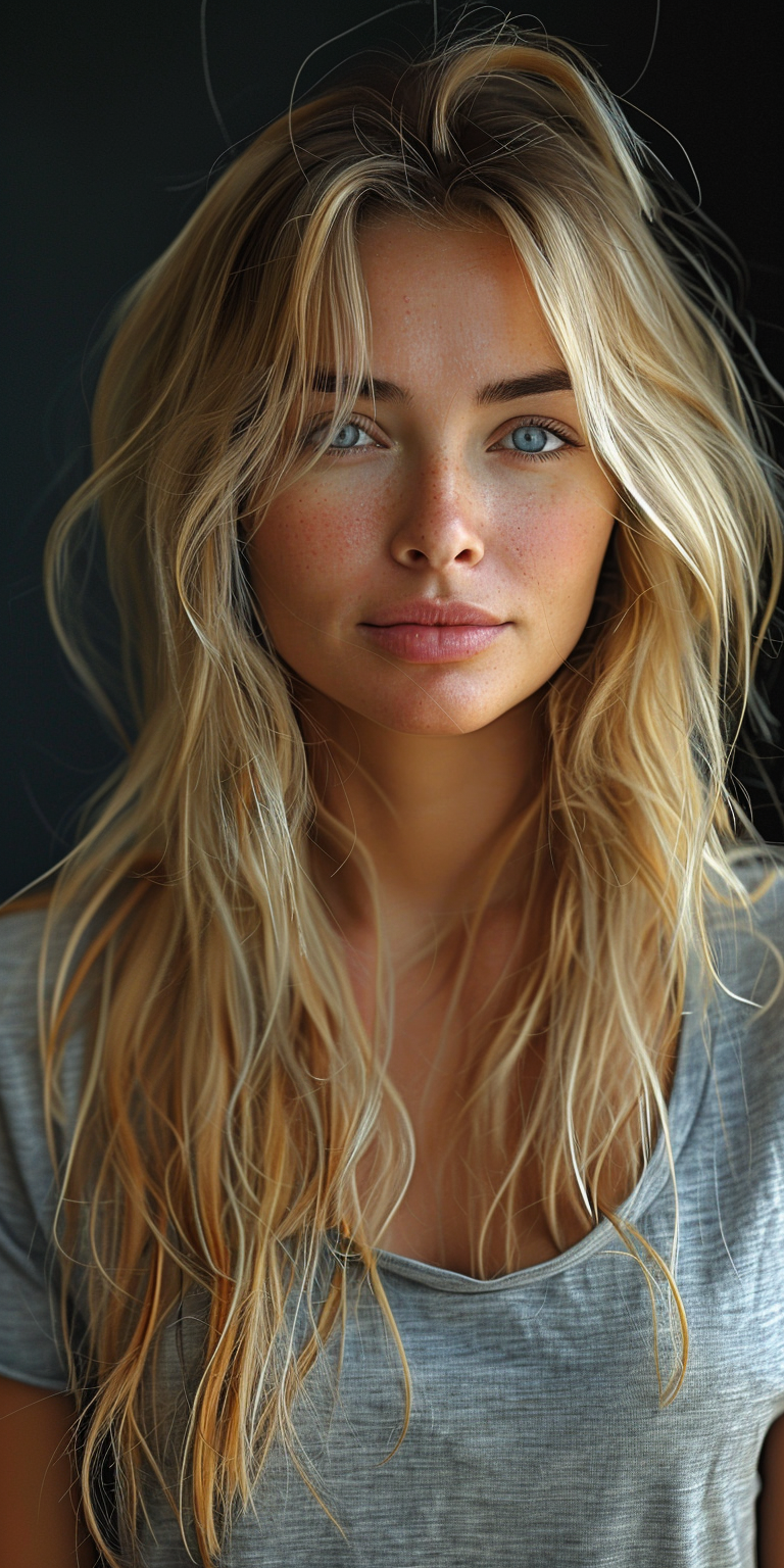 Midjourney prompt: hyperrealistic photo of a blonde woman with long h... - Midjourney