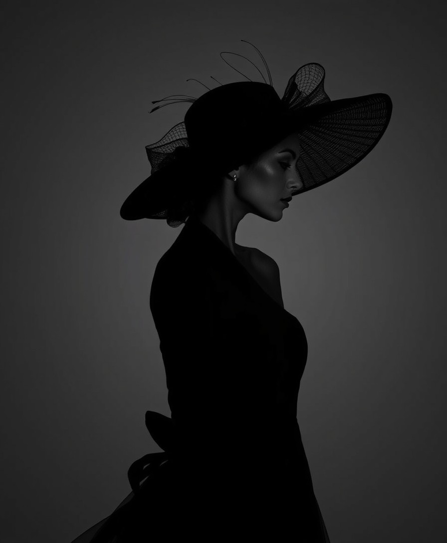 صورة مولدة بالذكاء الاصطناعي: مطالبة FLUX: امرأة ترتدي فستاناً أسود وقبعة كبيرة... (نموذج FLUX - تصوير فوتوغرافي)