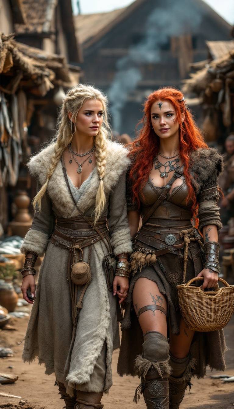 FLUX prompt: Two Viking women walking through a bustling ...