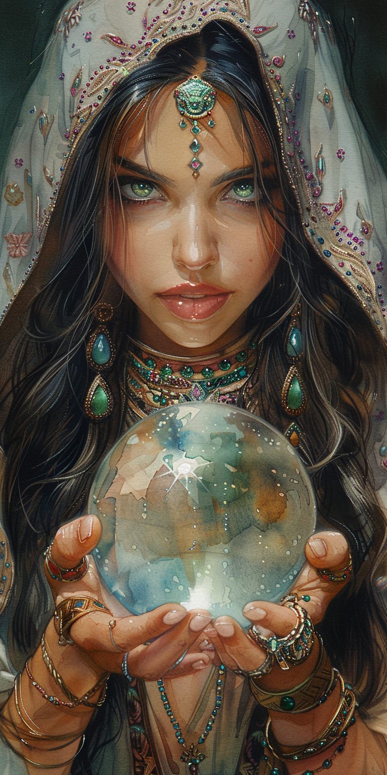 AI generated: Midjourney prompt: watercolor drawing of A female fortune teller with... (Midjourney - Portraits)