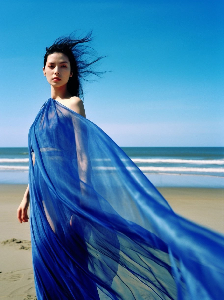 AI generated: Midjourney prompt: a woman in a blue dress on the beach, in style of ... (Midjourney - Fashion)