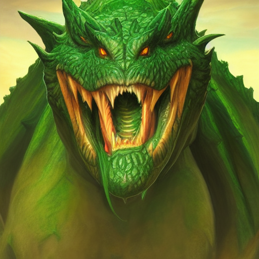 Stable Diffusion prompt: a large green dragon with its mo...