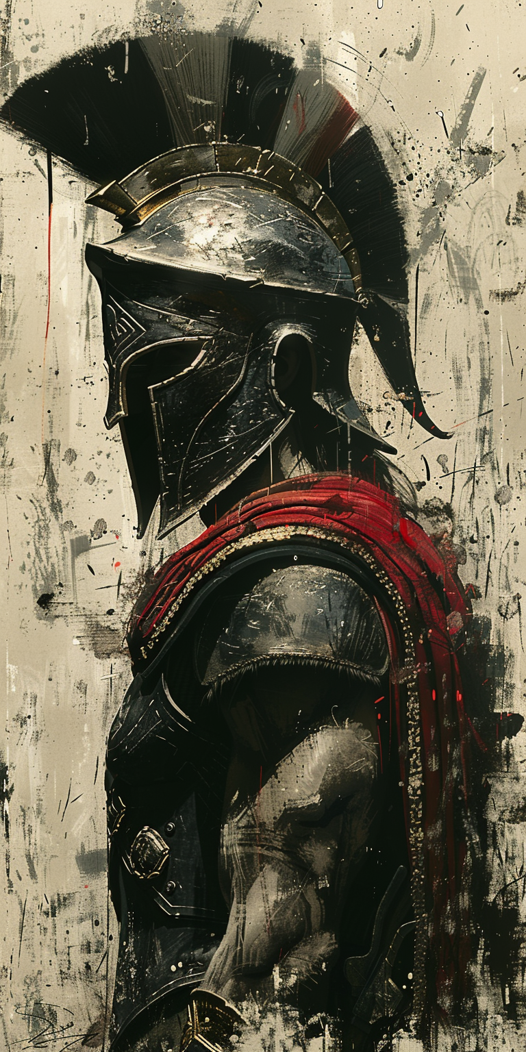 AI generated: Midjourney prompt: Ink painting of an ancient Greek soldier in black ... (Midjourney - Character Design)