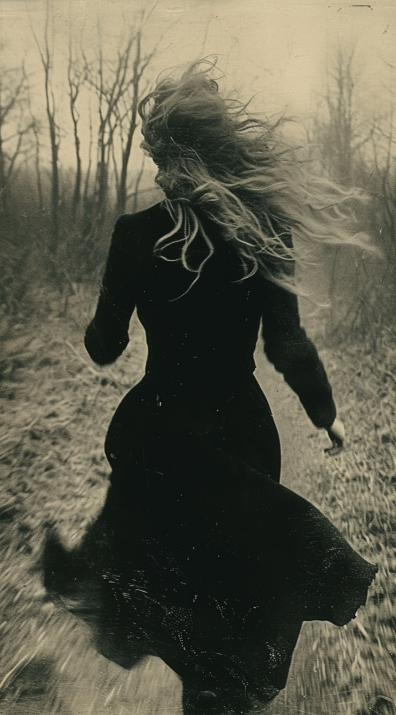صورة مولدة بالذكاء الاصطناعي: Midjourney prompt: an image of a girl dressed in black running throug... (نموذج Midjourney - تصوير فوتوغرافي)