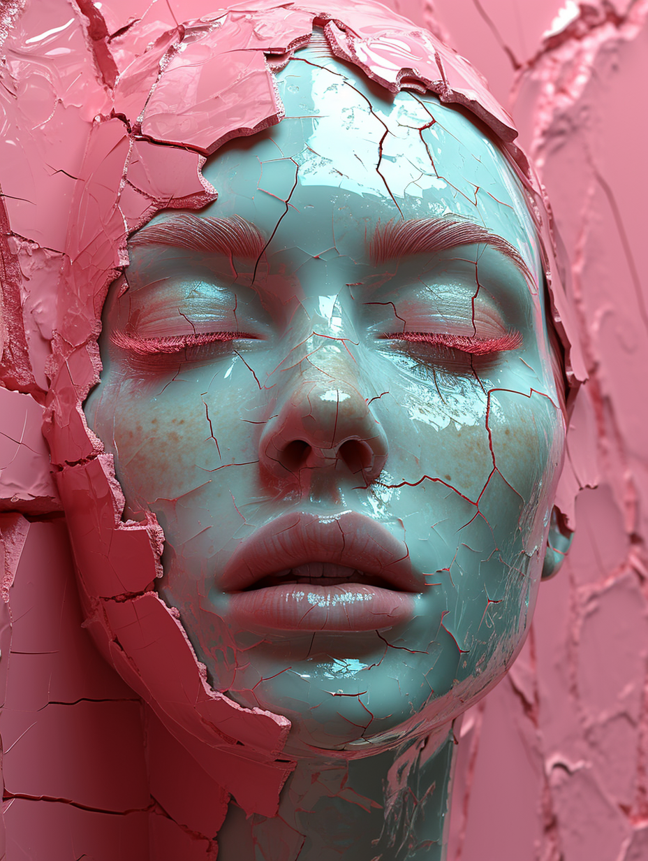 AI generated: Midjourney prompt: woman bionic ceramic glossy pink face sculpture, p... (Midjourney - Portraits)