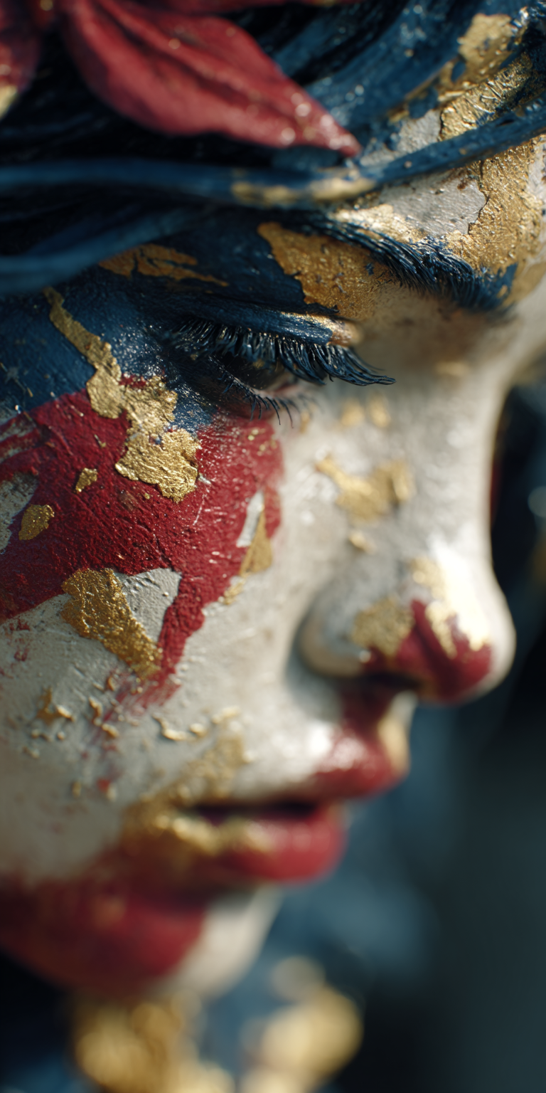 Midjourney prompt: beautiful red, blue and gold makeup on a woman, in... - Midjourney