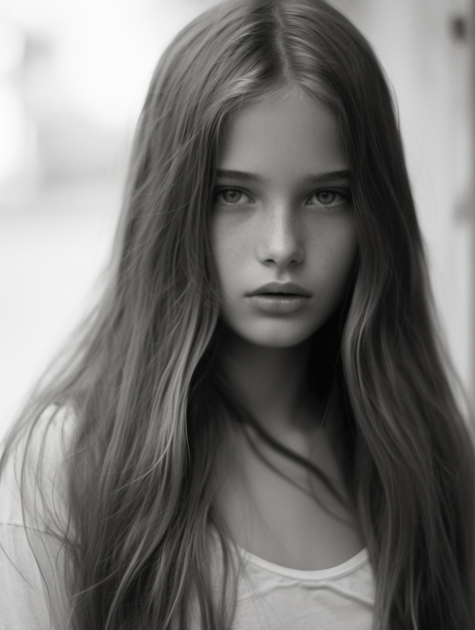 Midjourney prompt: a black and white photo of a woman with long hair,... - Midjourney