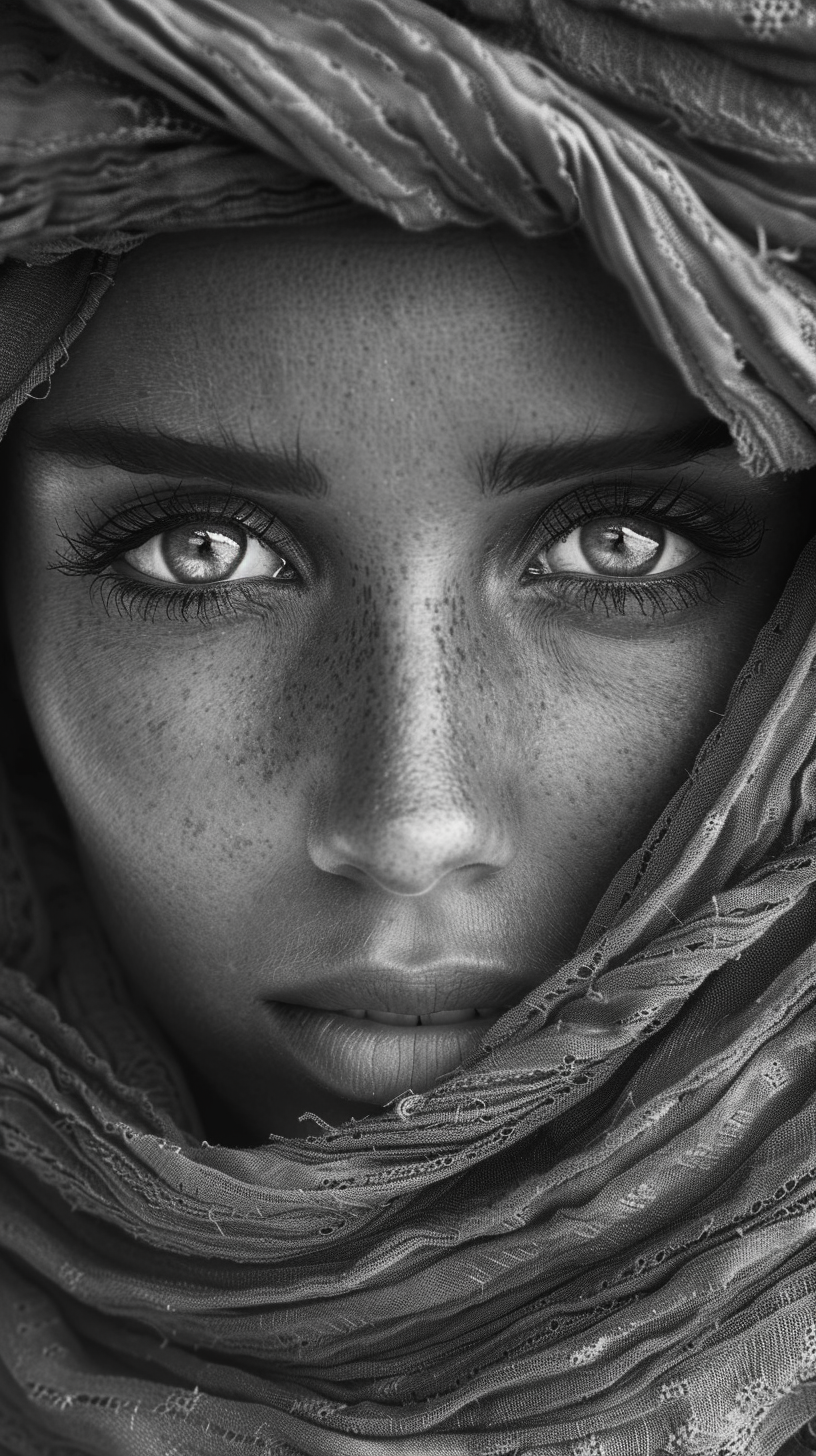صورة مولدة بالذكاء الاصطناعي: أمر Midjourney: بورتريه للجمال الطبيعي، راستا فاري، أسود وأبيض... (نموذج Midjourney - صور شخصية)