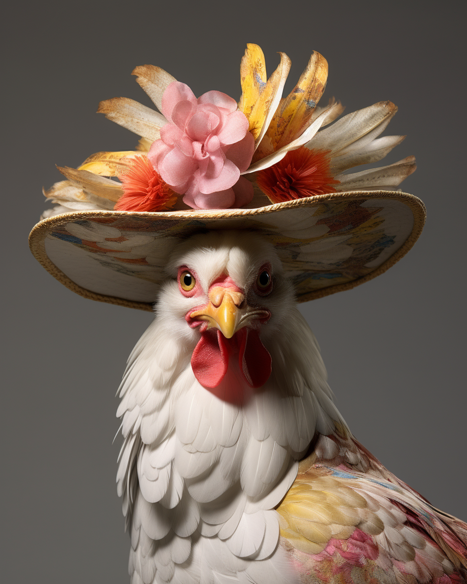 Midjourney prompt: a chicken wearing chicken hat on front, in the sty... - Midjourney