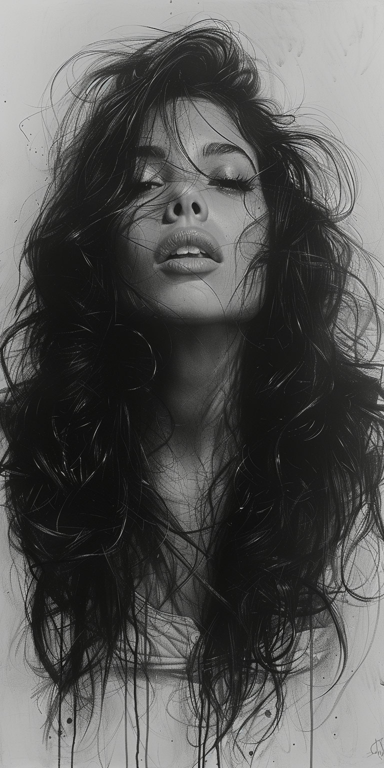 AI generated: Midjourney prompt: charcoal sketch, woman with long hair, hyperdetail... (Midjourney - Portraits)