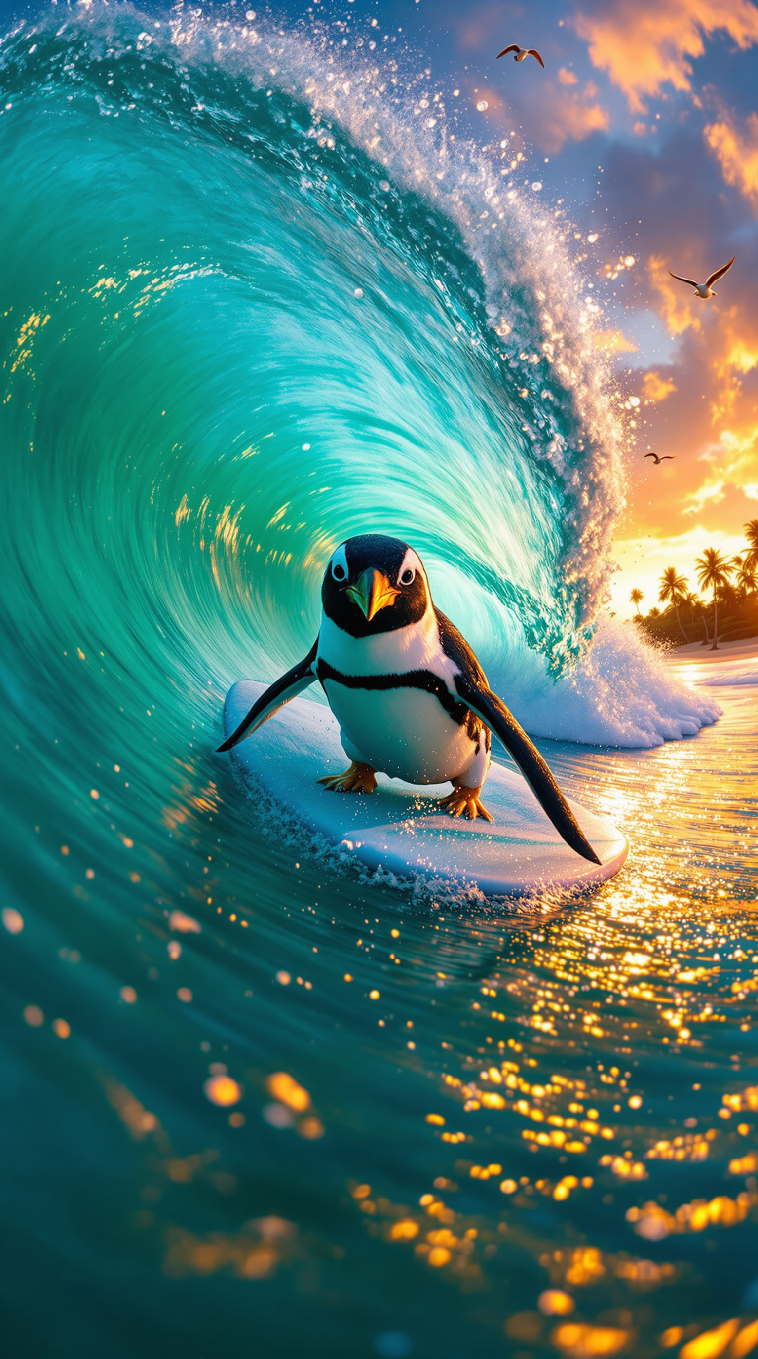 صورة مولدة بالذكاء الاصطناعي: FLUX prompt: A Humboldt penguin surfing a giant wave in a parad... (نموذج FLUX - صور شخصية)