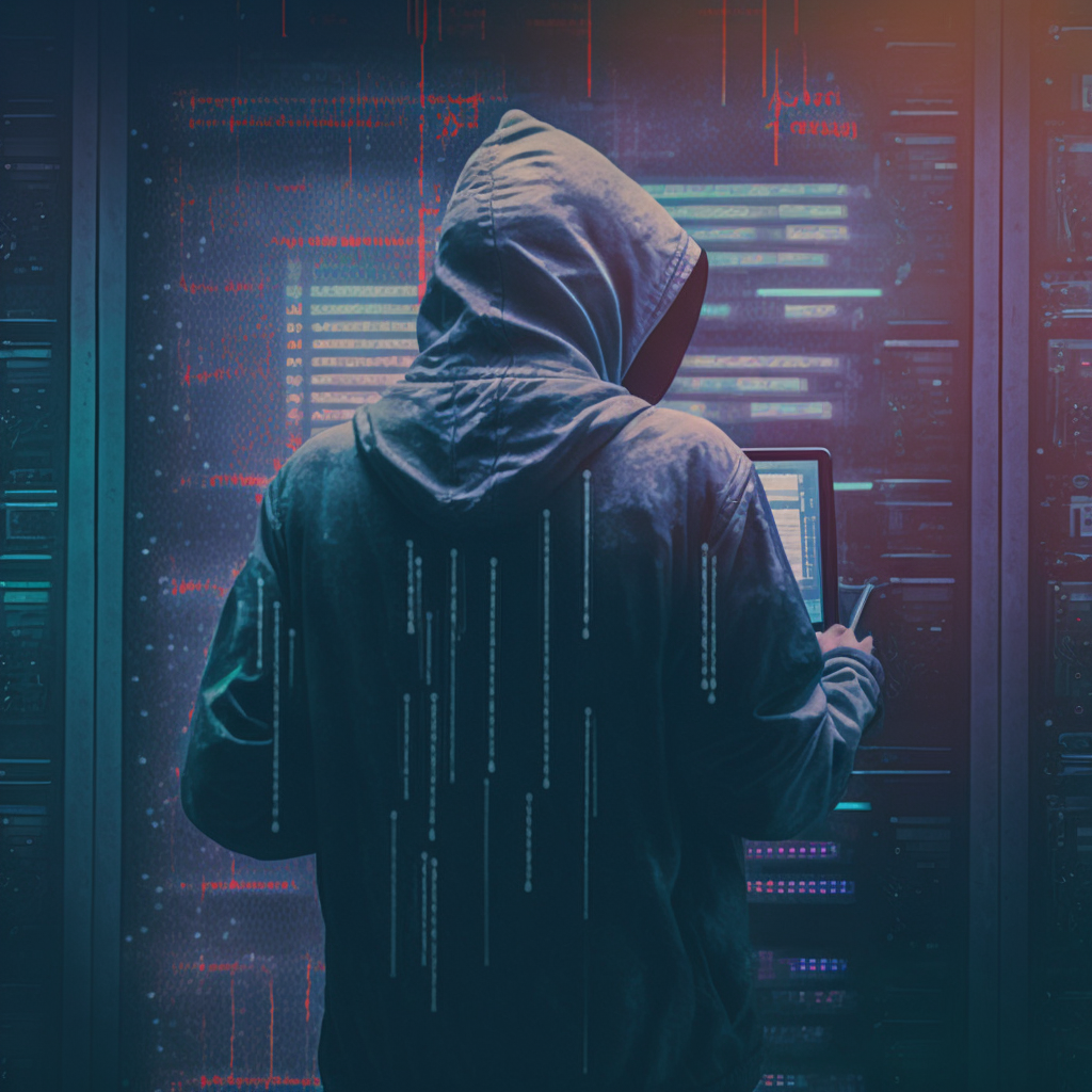 Midjourney prompt: a young hooded hacker injecting bad co...