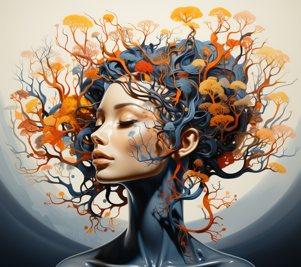 صورة مولدة بالذكاء الاصطناعي: Midjourney prompt: a colorful digital artwork of a woman's head and b... (نموذج Midjourney - فن مفاهيمي)