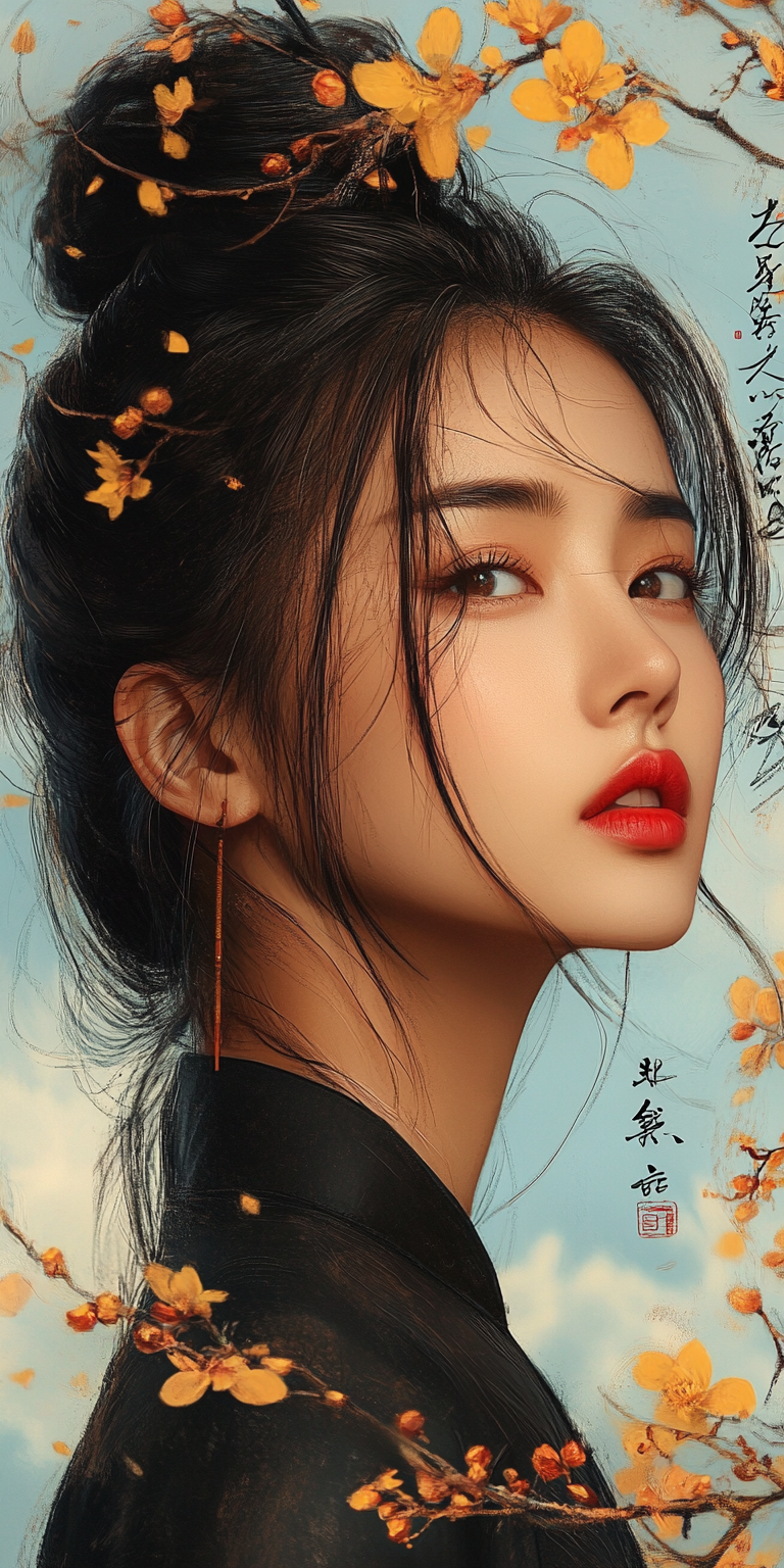 Midjourney prompt: A beautiful Asian woman with her hair tied into an... - Midjourney