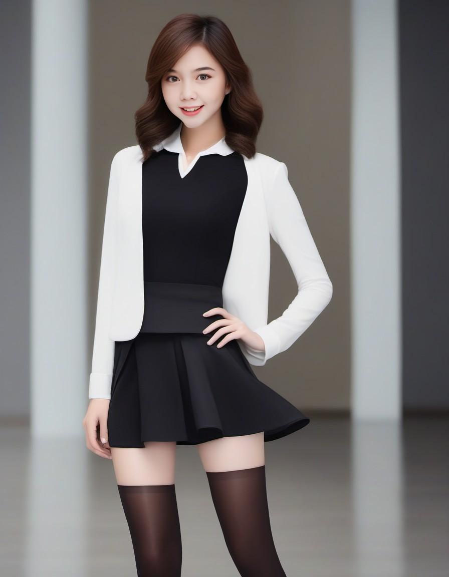 Midjourney prompt: A model on black stockings and skirt, close-up, re... - Midjourney