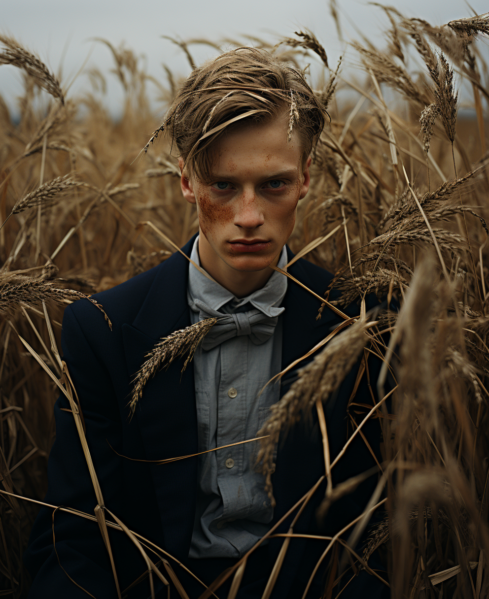 Midjourney prompt: a man stands with his head down in some tall grass... - Midjourney