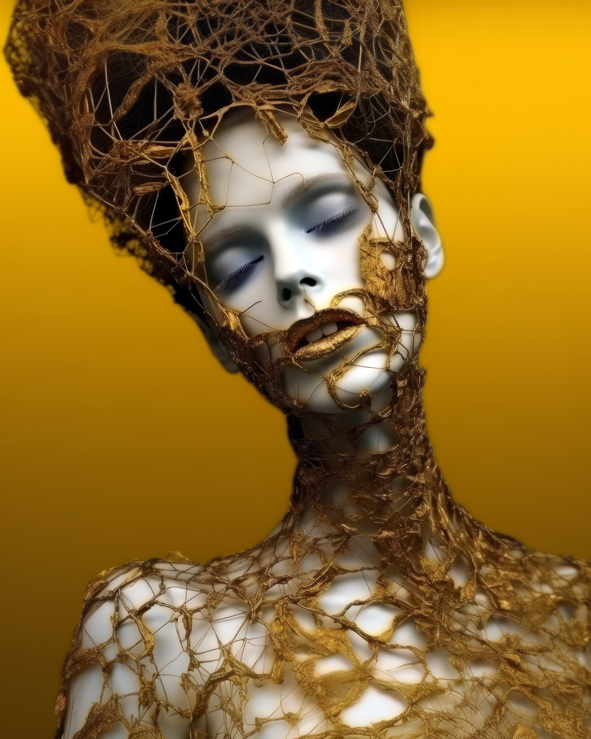 صورة مولدة بالذكاء الاصطناعي: Midjourney prompt: a woman in a white shirt and golden lace neck, in ... (نموذج Midjourney - صور شخصية)