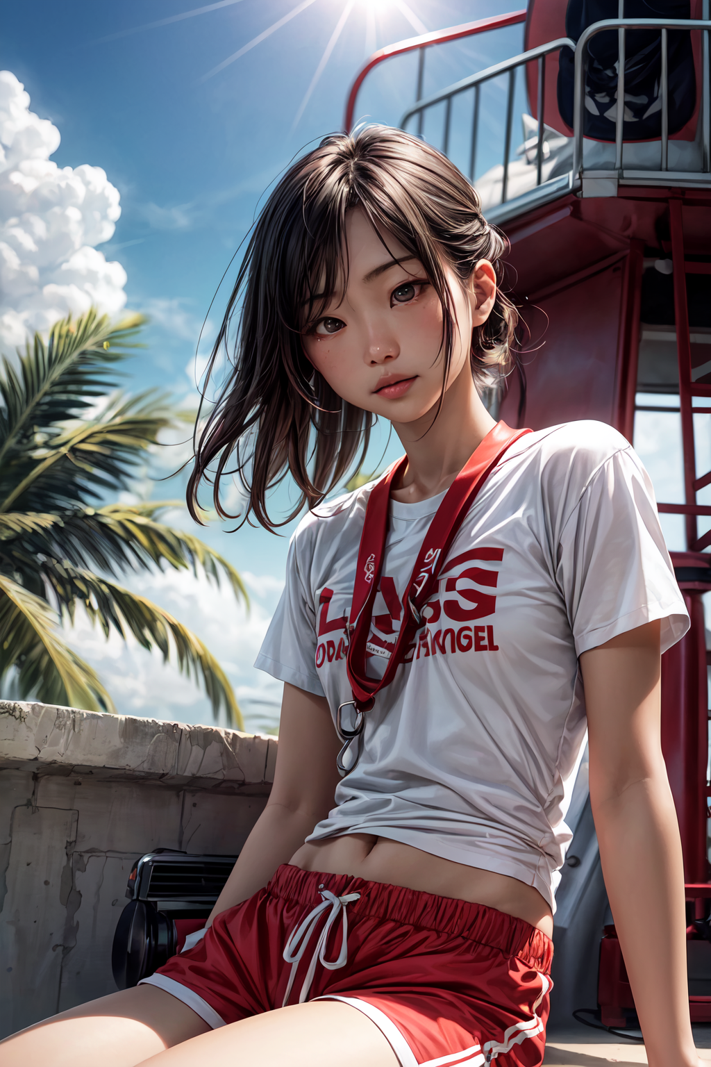 AI generated: Stable Diffusion prompt: (Asian girl as a lifeguard, sitting in the sun, li... (Stable Diffusion - Photography)