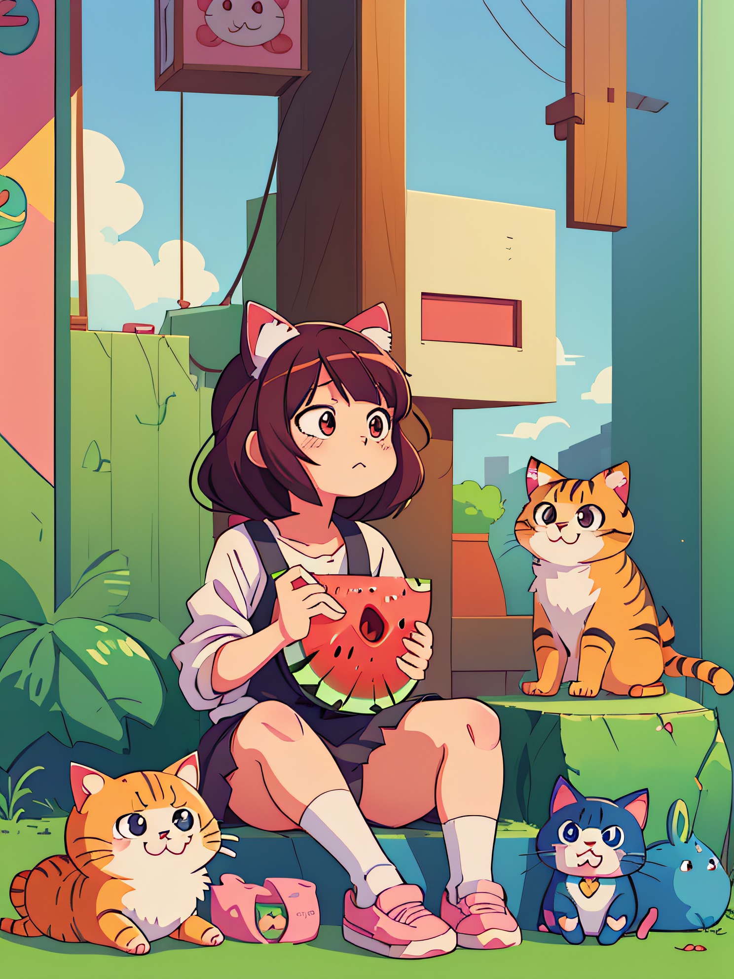 ReV Animated prompt: anime girl eating a slice of watermelon with a cat... - ReV Animated
