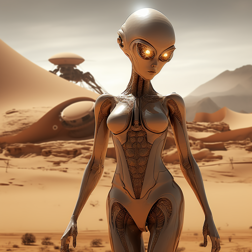 صورة مولدة بالذكاء الاصطناعي: Midjourney prompt: full body of alien shaped like woman, big golden e... (نموذج Midjourney - فن مفاهيمي)