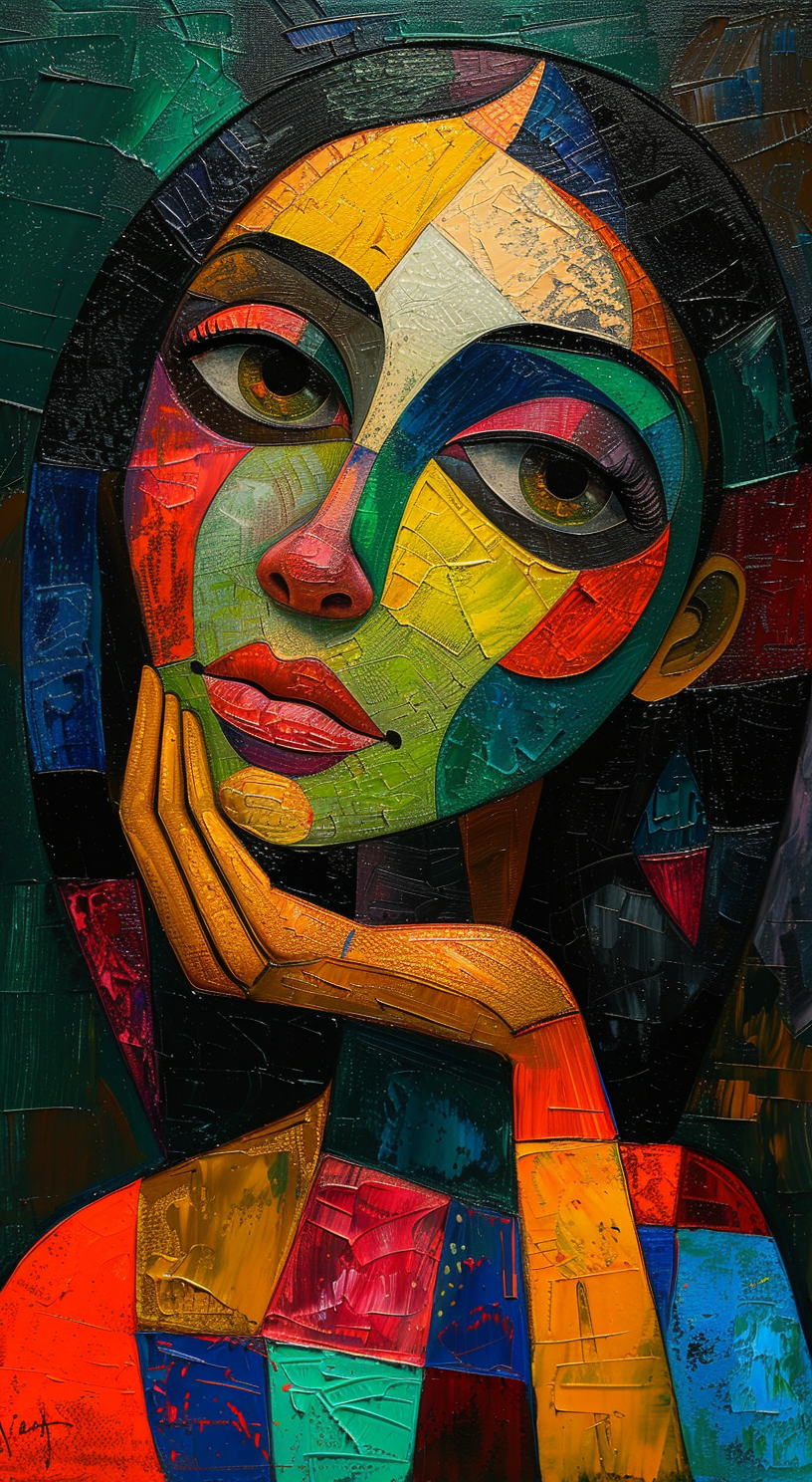 صورة مولدة بالذكاء الاصطناعي: Midjourney prompt: woman, oil on canvas, in the style of Pablo Picass... (نموذج Midjourney - فن مفاهيمي)