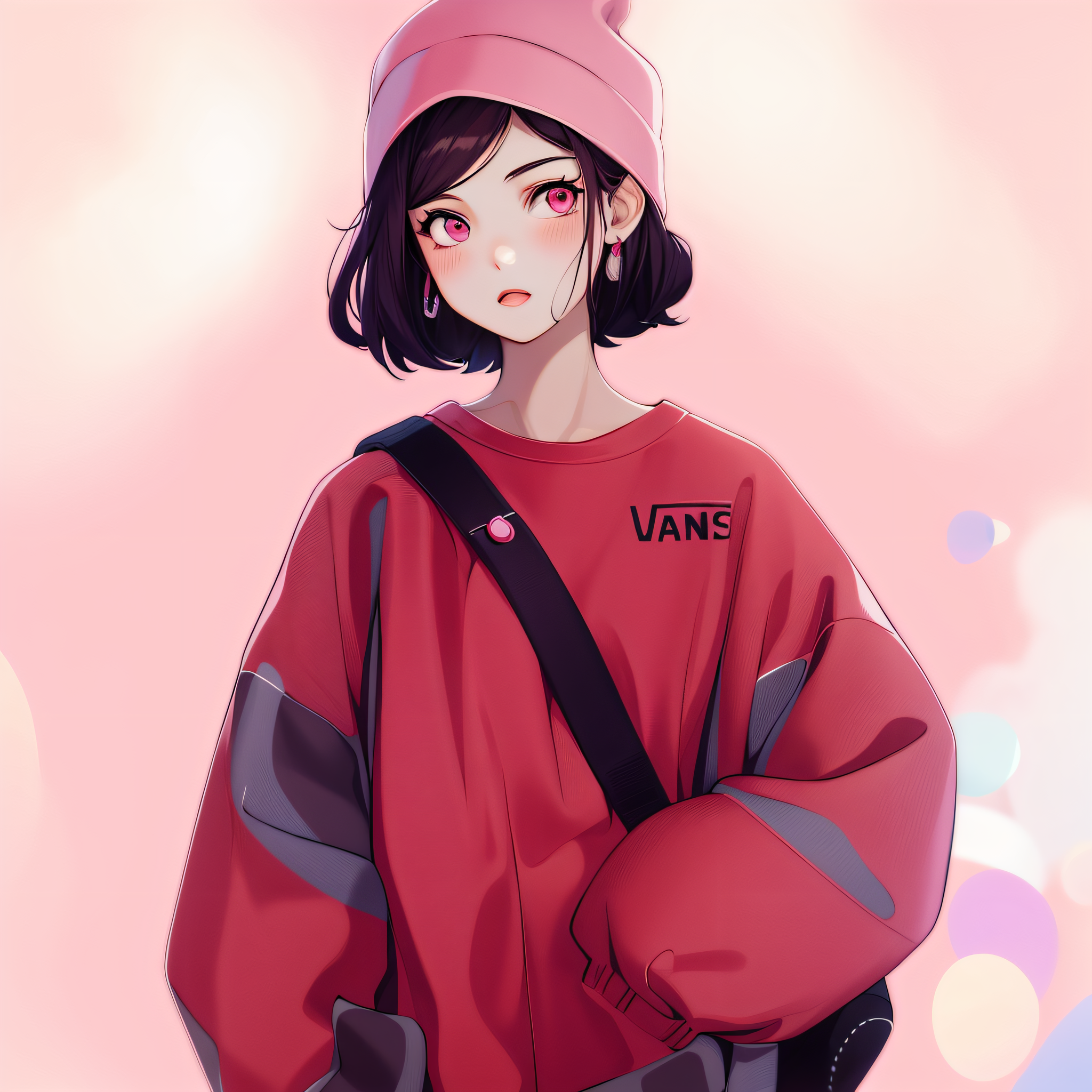 AI generated: LOFI prompt: anime girl with a pink shirt and a red hat, urban ... (LOFI - Anime)