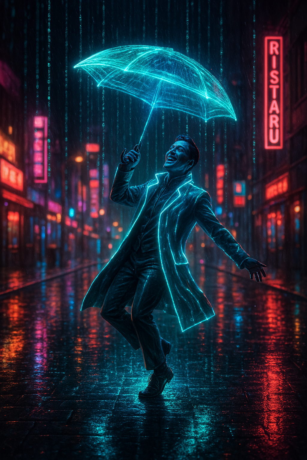 AI generated: ChatGPT Image prompt: A futuristic scene inspired by "Singin’ in the Rai... (ChatGPT Image - Portraits)