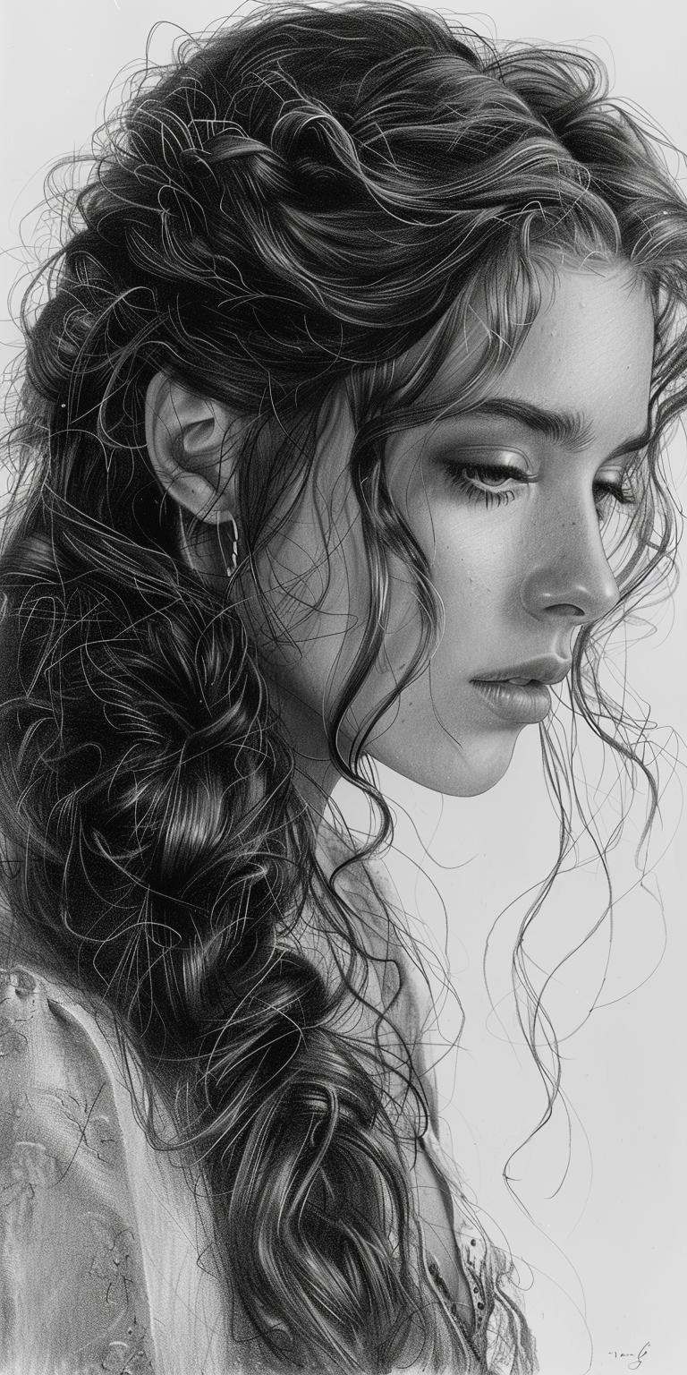 AI generated: Midjourney prompt: pencil sketch, woman with long hair, hyperdetailed... (Midjourney - Portraits)